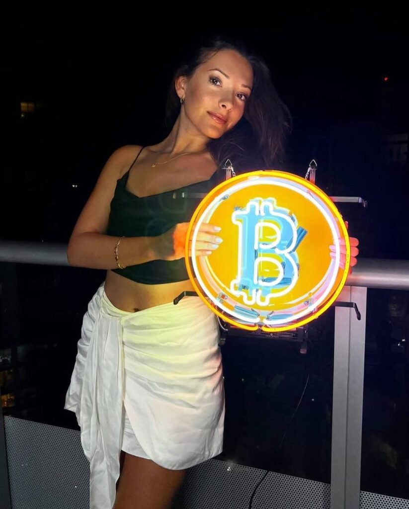 Layah Heilpern with a large bitcoin